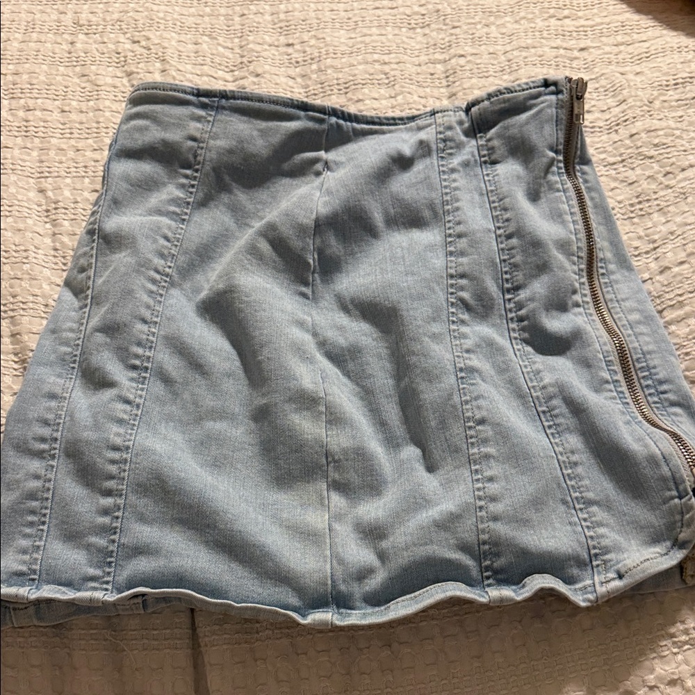 We The Free Light Blue Denim Skater Mini Skirt with Side Zip